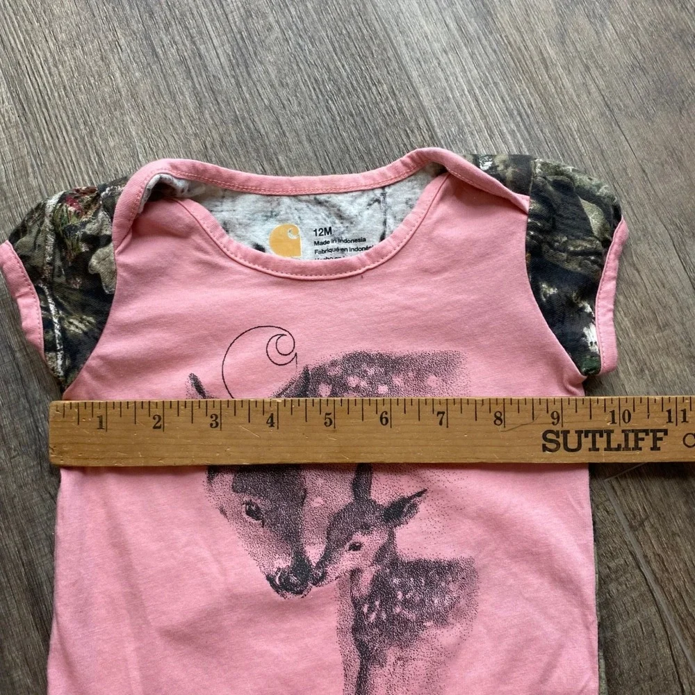 Carhartt Baby Girls Pink Mossy Oak Camo Fawn‎ Graphic Bodysuit 12M Short Sleeve